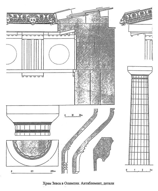 Храм Зевса в Олимпии, антабемент, капитель и другие детали дорического ордера